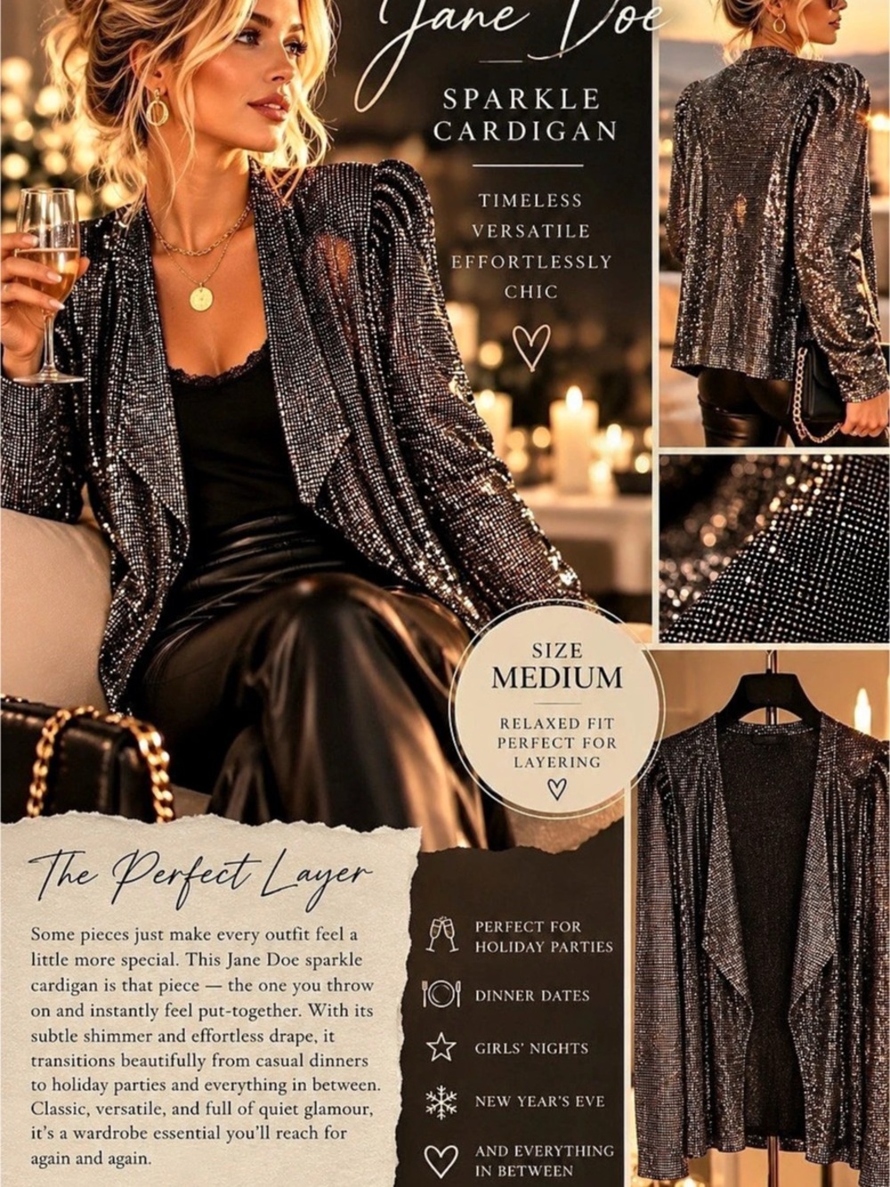 Jane Doe Sparkle Cardigan in Black & Silver Size Medium Like